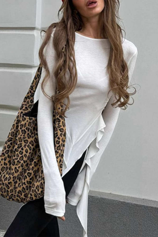 Casual Solid Color Irregular O Neck Tops