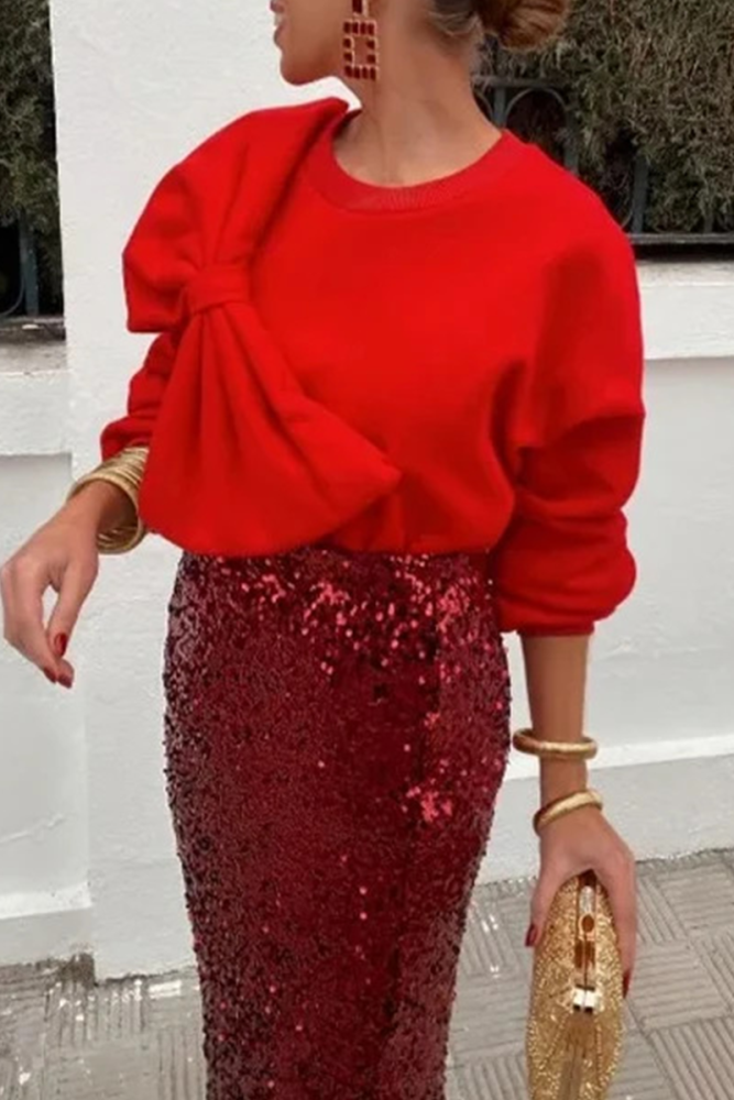 Casual Solid Color Bow Decor O Neck Sweatshirt
