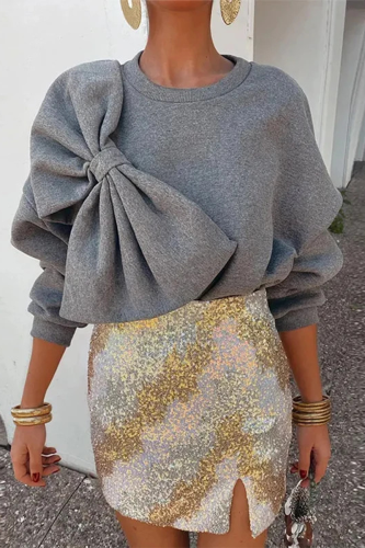 Casual Solid Color Bow Decor O Neck Sweatshirt