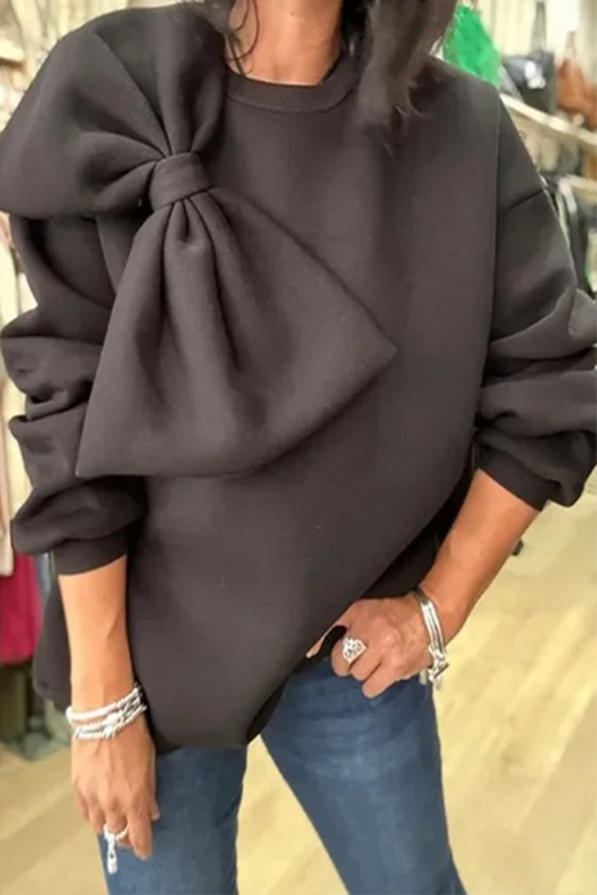 Casual Solid Color Bow Decor O Neck Sweatshirt