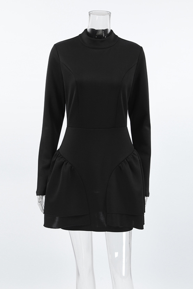 Casual Patchwork Ruffle Zipper Turtleneck A Line Dresses