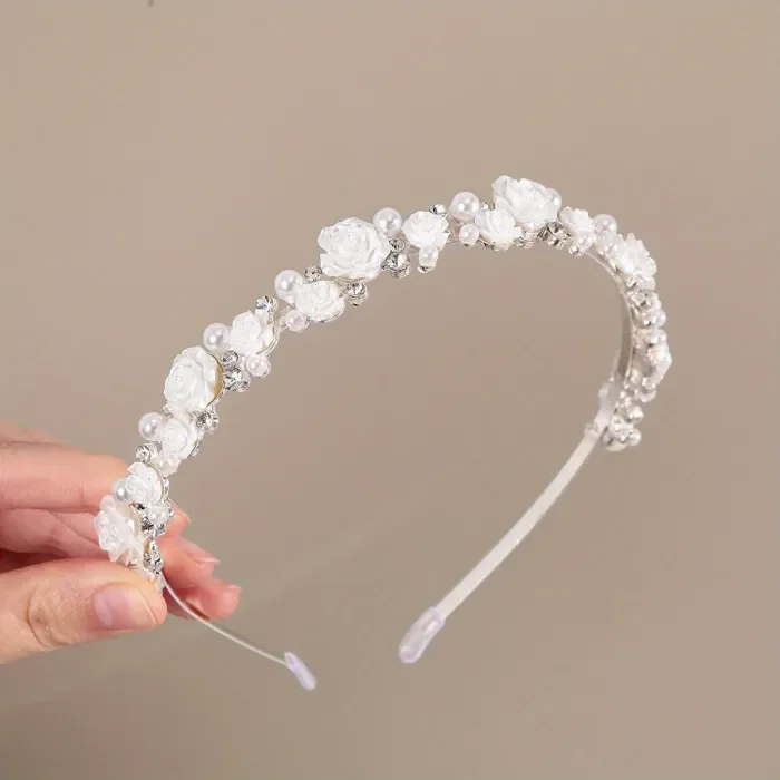 Elegant Bling Bling Rhinestone Faux Pearl Flower Decorative Head Band Vintage Non Slip Hair Hoop For Women And Daily Use Wedding Banquet Wear