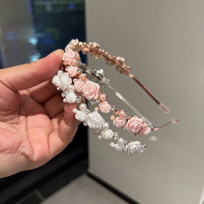Elegant Bling Bling Rhinestone Faux Pearl Flower Decorative Head Band Vintage Non Slip Hair Hoop For Women And Daily Use Wedding Banquet Wear