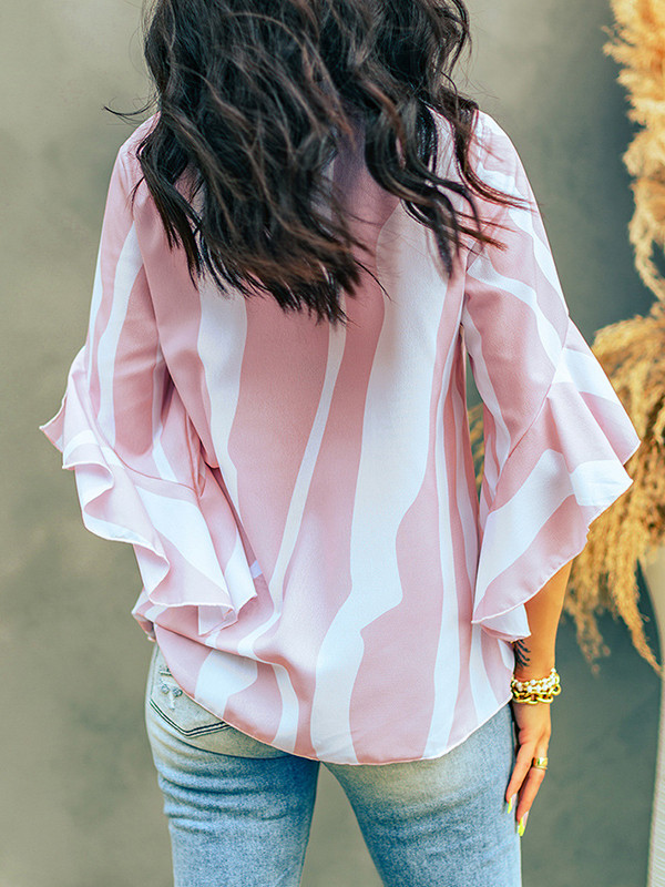 Long Sleeves Loose Contrast Color Knot Split-Joint V-Neck Blouses&Shirts Tops