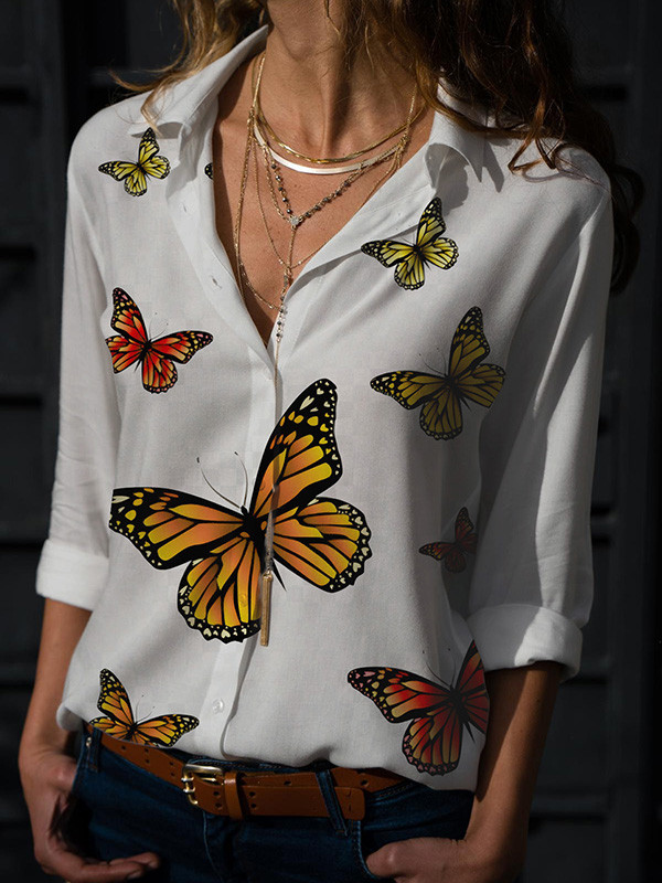 Long Sleeves Loose Butterfly Print Buttoned Lapel Blouses&Shirts Tops