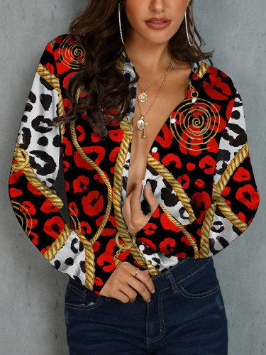 Long Sleeves Loose Buttoned Printed Lapel Blouses&Shirts Tops