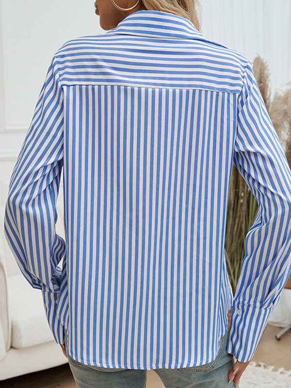 Long Sleeves Loose Buttoned Contrast Color Pockets Striped Lapel Blouses&Shirts Tops