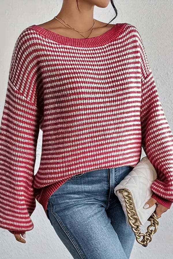 Fashion Striped Loose Long Sleeve Round Neck Knitted Sweater