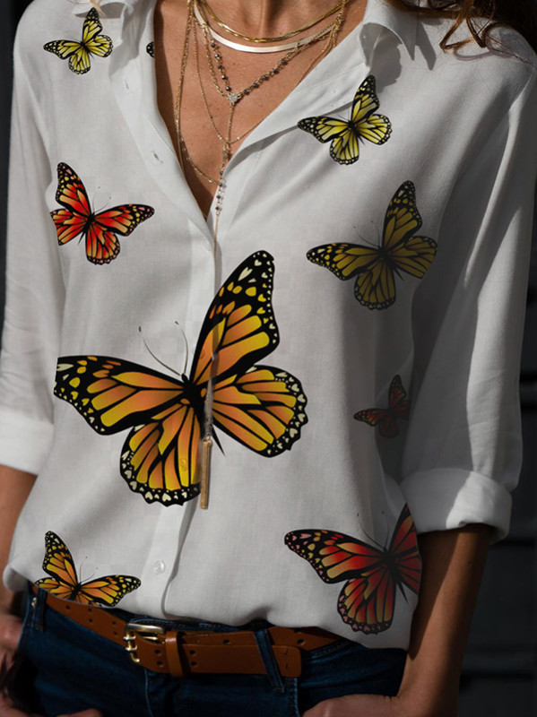 Long Sleeves Loose Butterfly Print Buttoned Lapel Blouses&Shirts Tops