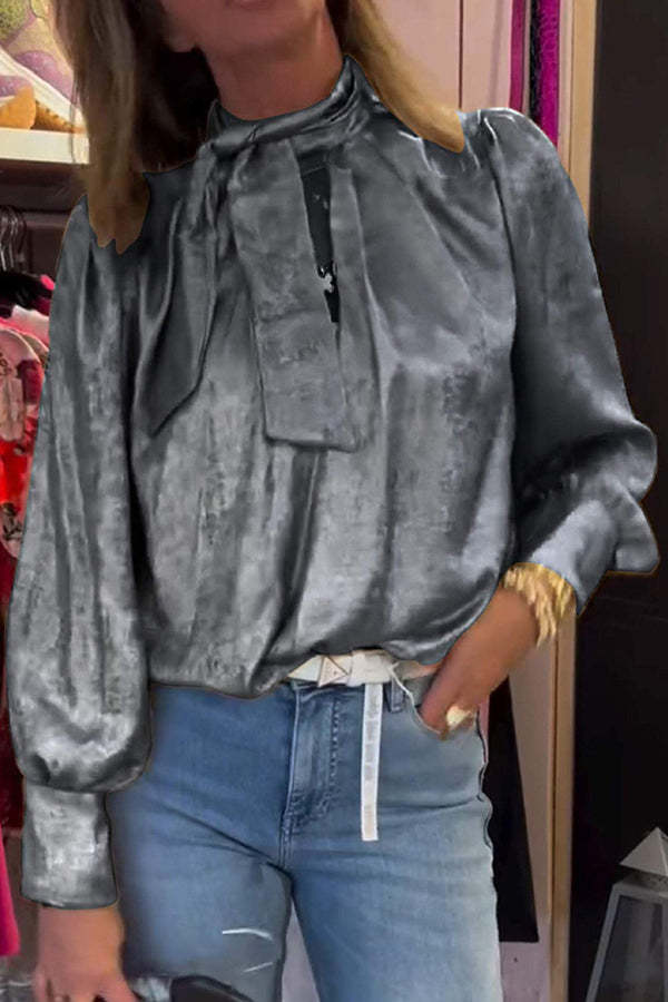 Solid Color Bow Tie Hot Stamping Long Sleeve Loose Shirt