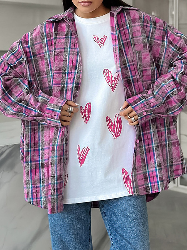 Long Sleeves Loose Buttoned Plaid Pockets Lapel Blouses&Shirts Tops