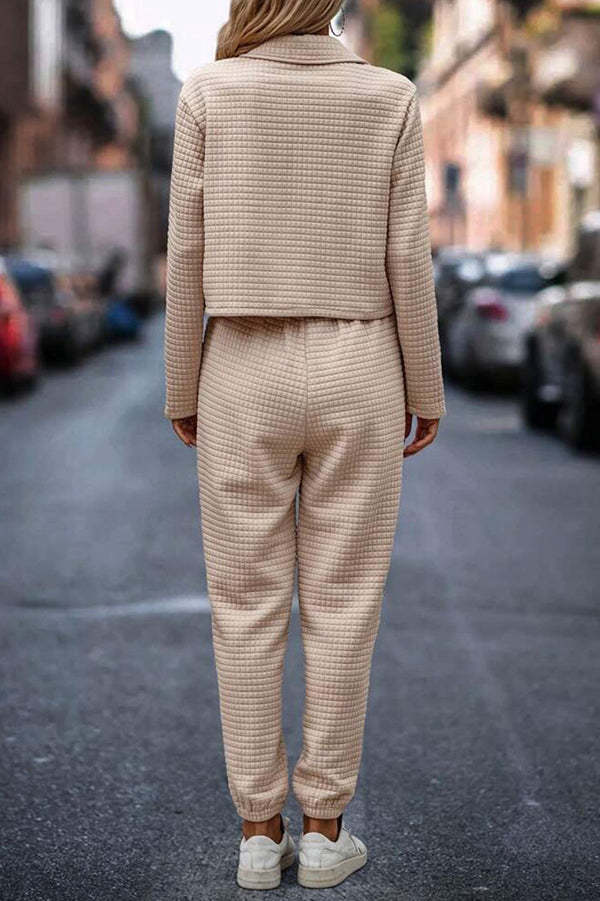 Solid Color Lapel Long Sleeve Jacket and Elastic Waist Casual Pocket Pants Set