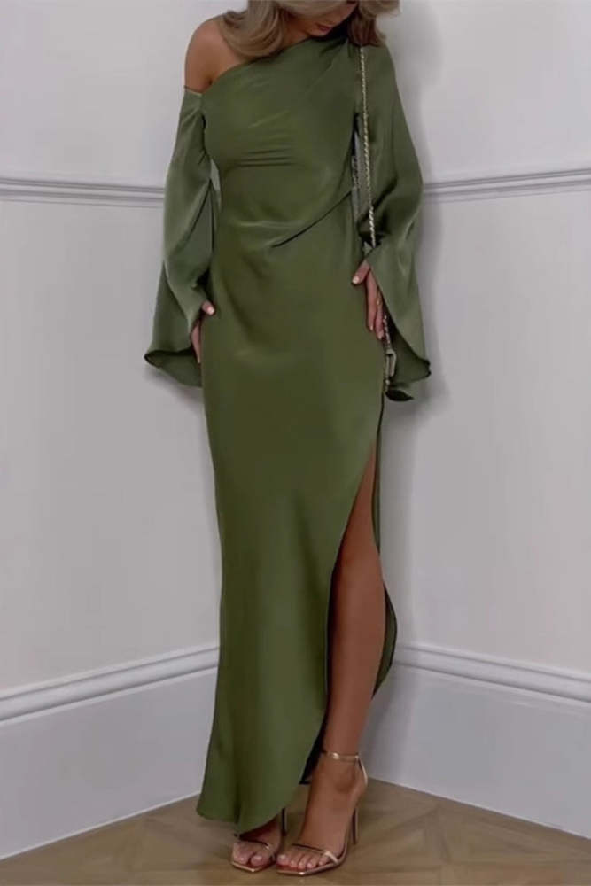 Elegant Slit Irregular Sloping Shoulder Long Dresses