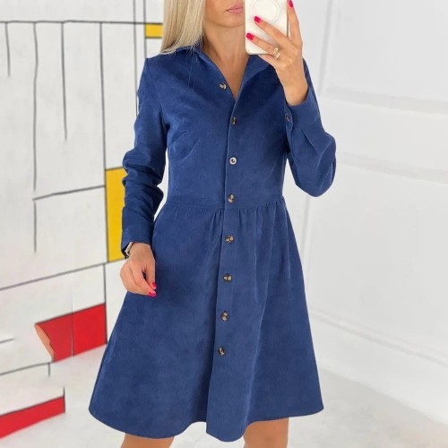 Women's Autumn Casual Turn-down Collar Single Breasted Solid Shirt Dress