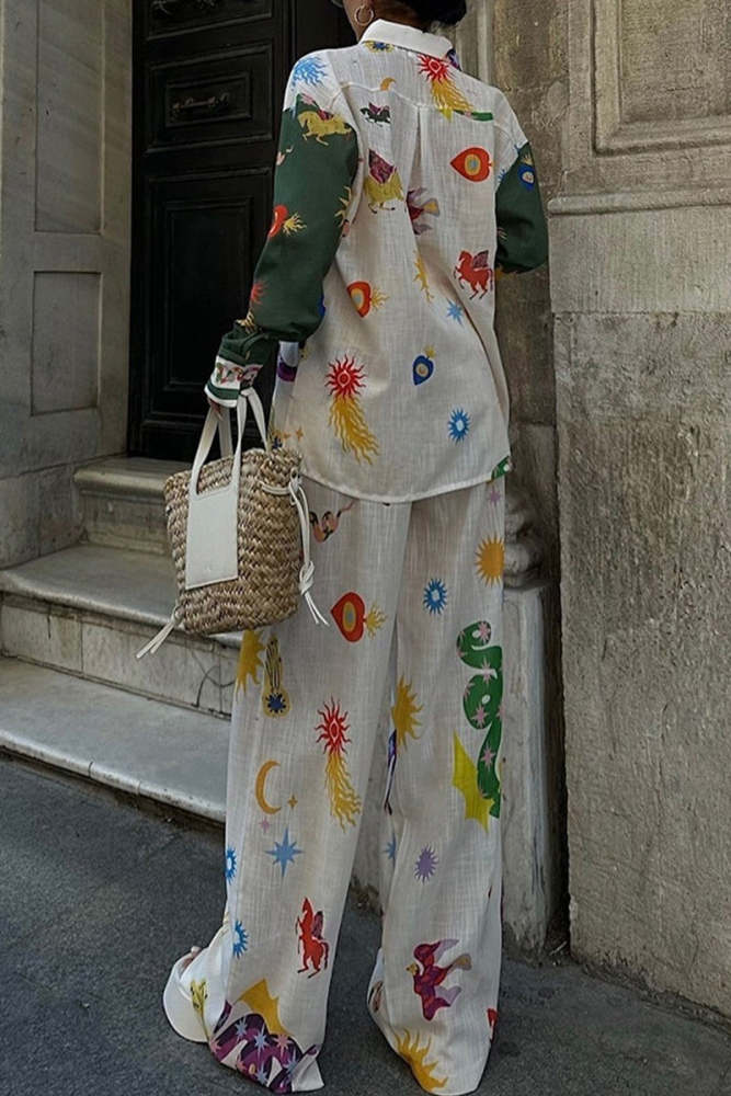 Women's Casual Patchwork Contrast Color Long Sleeve Shirt + Pants Two-piece Set