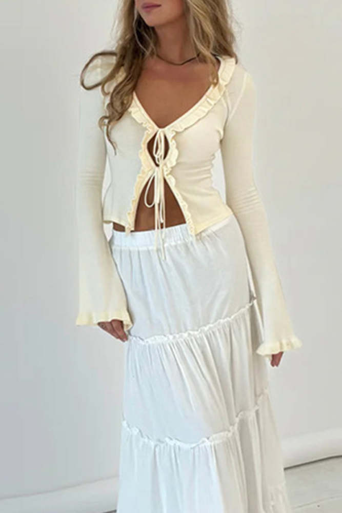 Casual Hollow Out Lace Up V Neck Cardigan