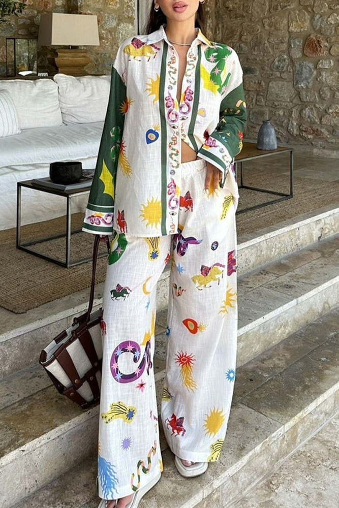 Women's Casual Patchwork Contrast Color Long Sleeve Shirt + Pants Two-piece Set