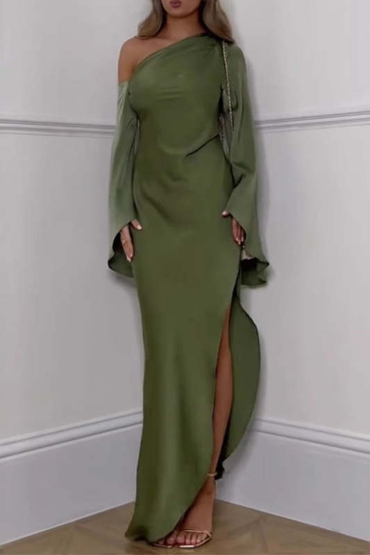 Elegant Slit Irregular Sloping Shoulder Long Dresses