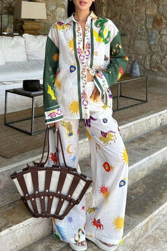 Women's Casual Patchwork Contrast Color Long Sleeve Shirt + Pants Two-piece Set