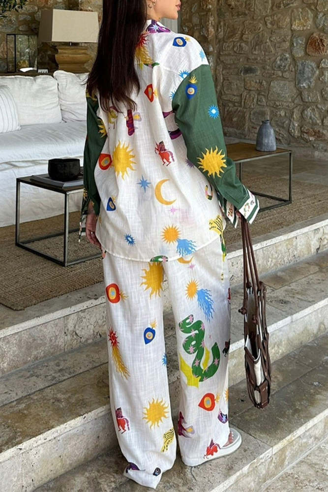 Women's Casual Patchwork Contrast Color Long Sleeve Shirt + Pants Two-piece Set