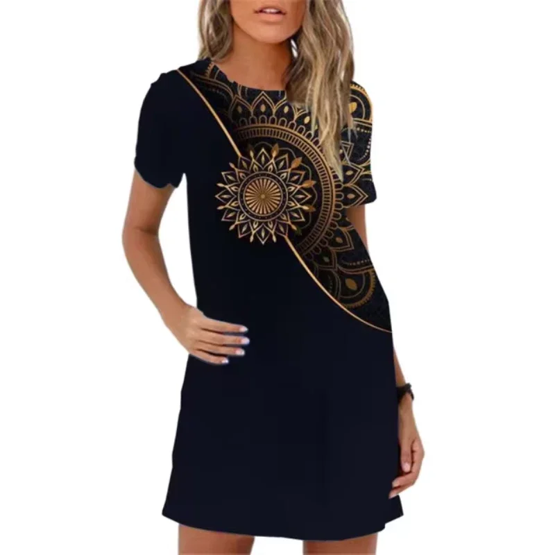 Women's Summer Black A-Line Vintage Print Dress