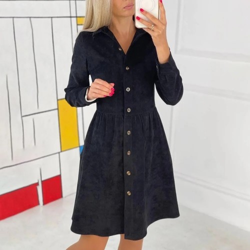 Women's Autumn Casual Turn-down Collar Single Breasted Solid Shirt Dress