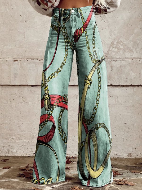 Women's Vintage Line Pattern Print Casual Wide Leg Pants