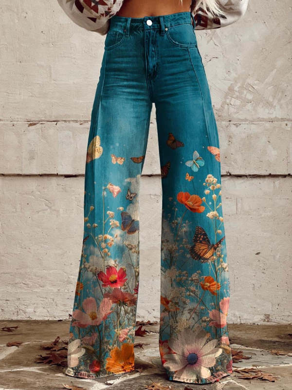 Women's Blue Flowers and Butterflies Print Casual Wide Leg Pants