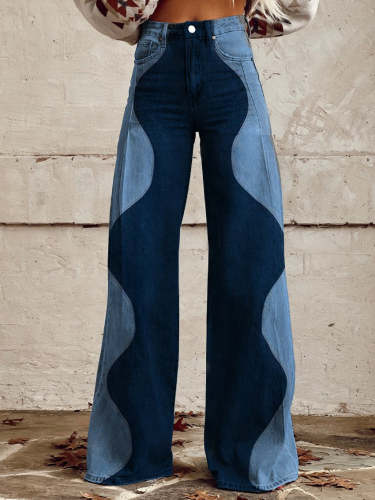 Women's Wavy Denim Pattern Print Casual Wide Leg Pants