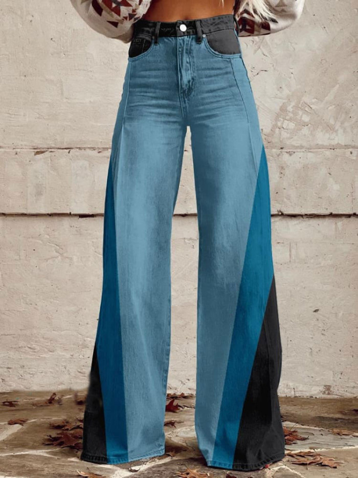 Women's Blue and Black Print Casual Wide Leg Pants