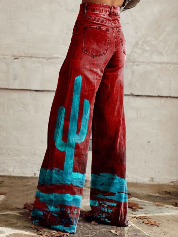 Women's Vintage Print Casual Wide Leg Pants