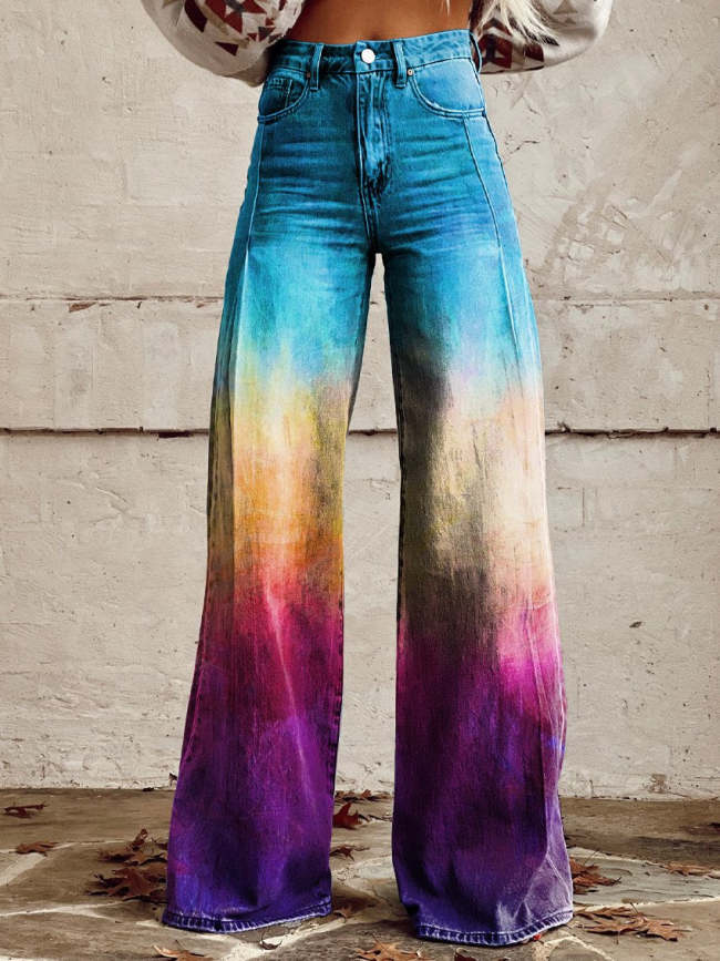 Women's Vintage Gradient Color Print Casual Wide Leg Pants