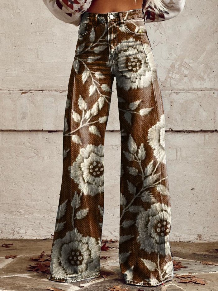 Women's Vintage Floral Print Wide Leg Pants