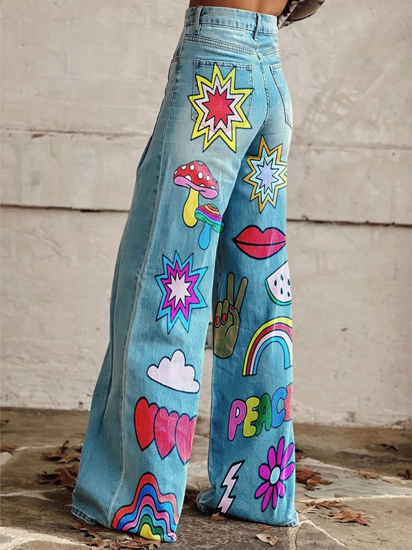 Women's Vintage Print Casual Wide Leg Pants