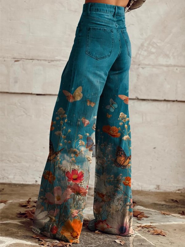 Women's Blue Flowers and Butterflies Print Casual Wide Leg Pants