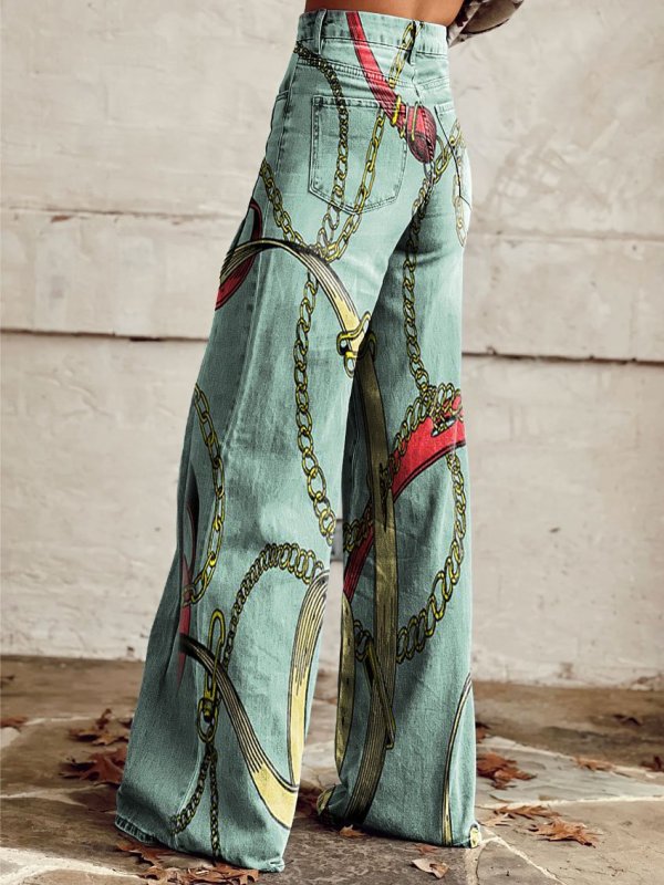 Women's Vintage Line Pattern Print Casual Wide Leg Pants