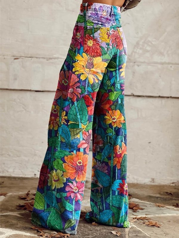 Women's Daisy Print Casual Wide Leg Pants