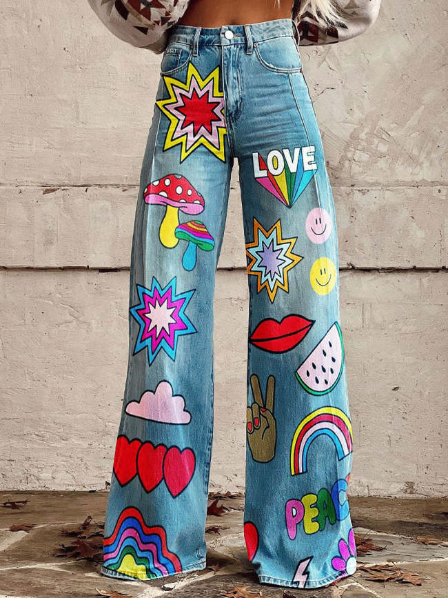 Women's Vintage Print Casual Wide Leg Pants