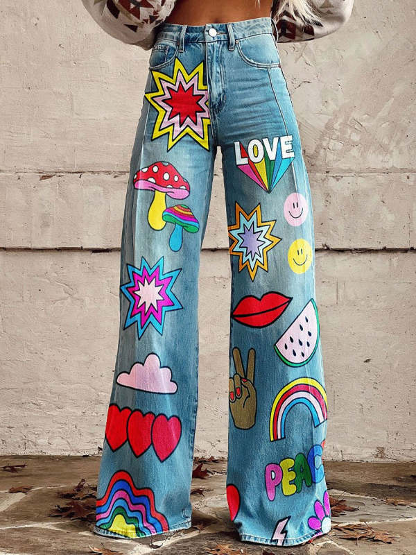 Women's Vintage Print Casual Wide Leg Pants