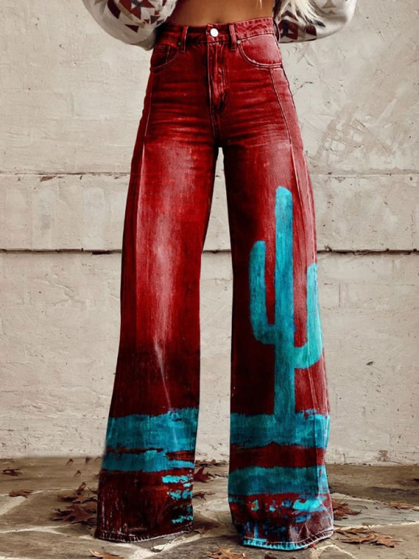 Women's Vintage Print Casual Wide Leg Pants