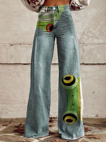 Women's Vintage Two Cartoon Frogs Art Print Casual Wide Leg Pants