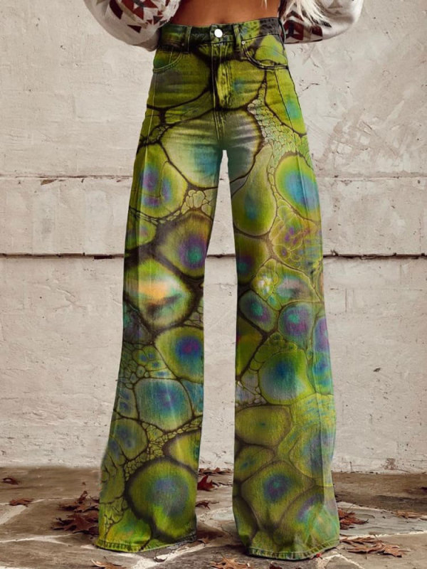 Women's Green Cell Print Casual Wide Leg Pants