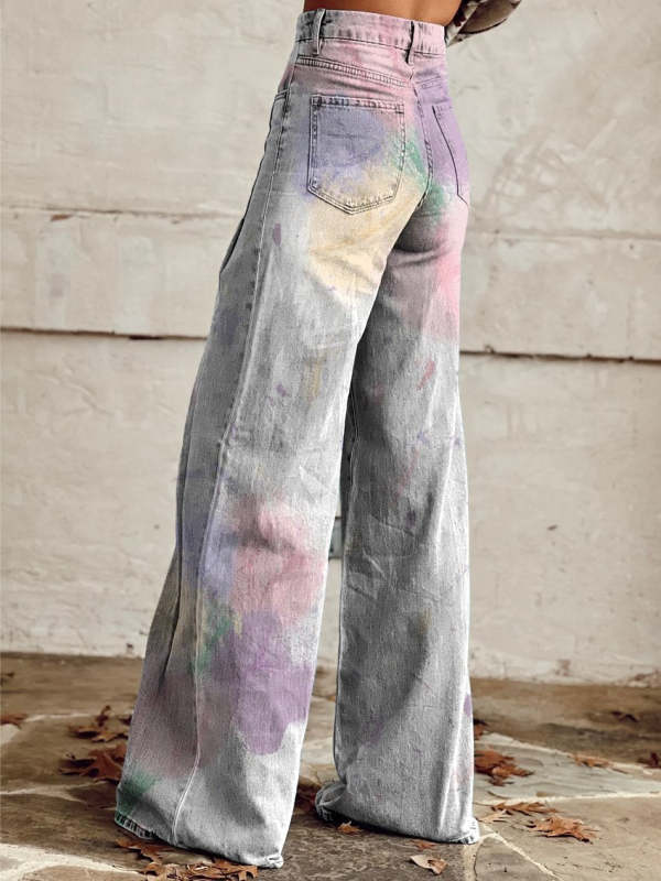 Women's Smudge Pattern Print Casual Wide Leg Pants