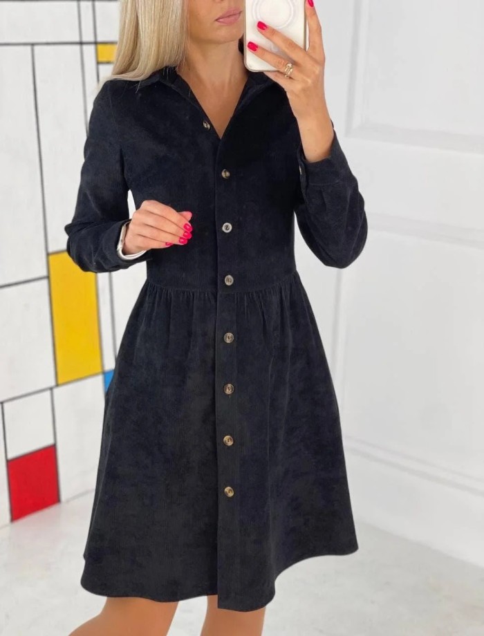 Women's Autumn Casual Turn-down Collar Single Breasted Solid Shirt Dress