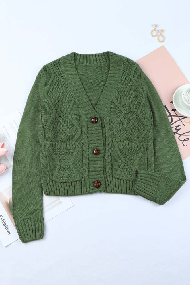 Cable-Knit Button Down V-Neck Cardigan