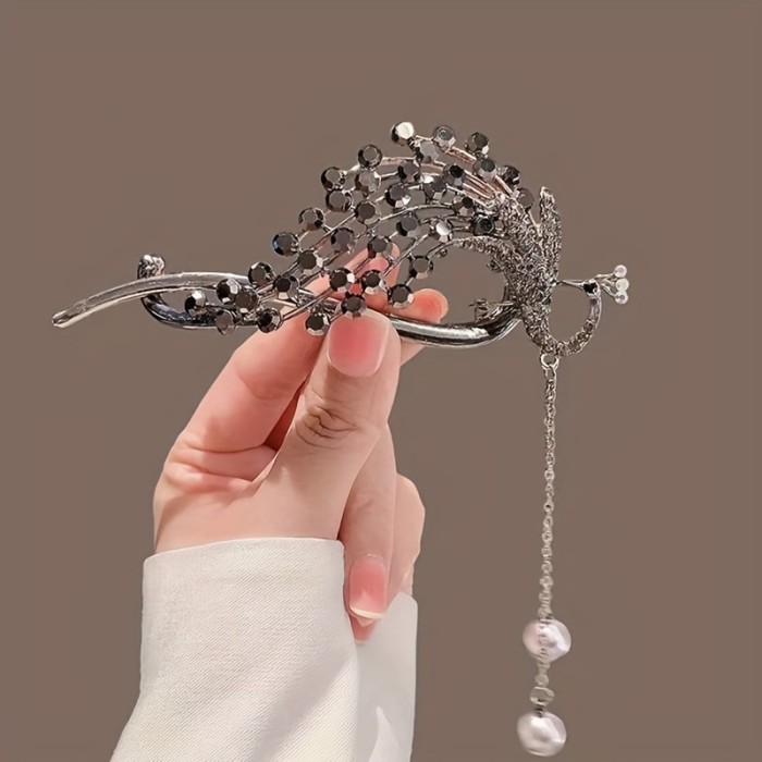 1pc Elegant Oval Alloy Hair Clip with Tassel, Peacock Diamond Embellished Fashion Hair Accessory for Women, Color Matching, Ideal for Valentine'S Day Gift
