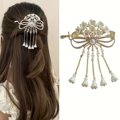Vintage Elegant Alloy Hair Clip with Tassel and Bow Design, Single Piece Floral Hairpin with Matching Decorative Accessory