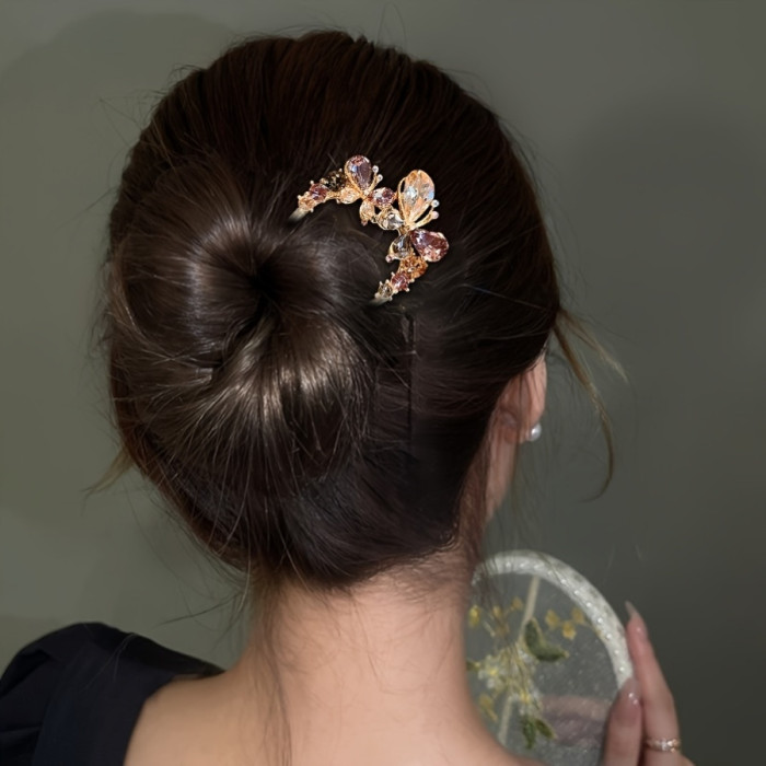 1pc Vintage Style Golden Zinc Alloy Butterfly Hairpin with Rhinestones, U-Shaped Hair Stick for Elegant Updo Bun, Fashionable Hair Accessory for Women