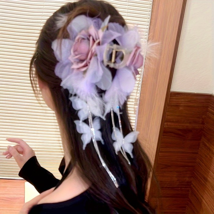 Elegant Large Hair Claw with Floral & Feather Tassels - Vintage-Inspired, Light Purple\u002FPink, Perfect for Daily Wear & Parties
