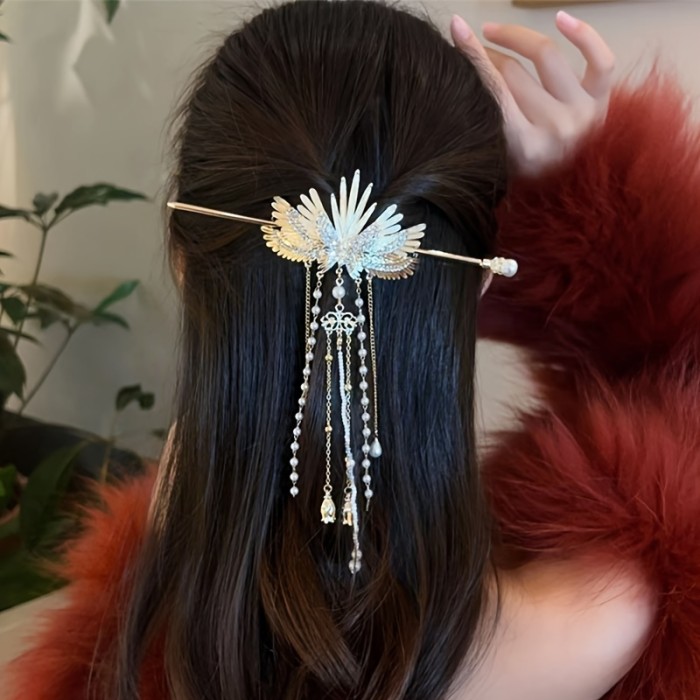 Elegant Vintage Pearl Tassel Wing Hairpin - Golden-Toned Zinc Alloy, Intricate Feather Design with Beaded Detail, Ideal for Girls' Updos & Stylish Hair Accessories